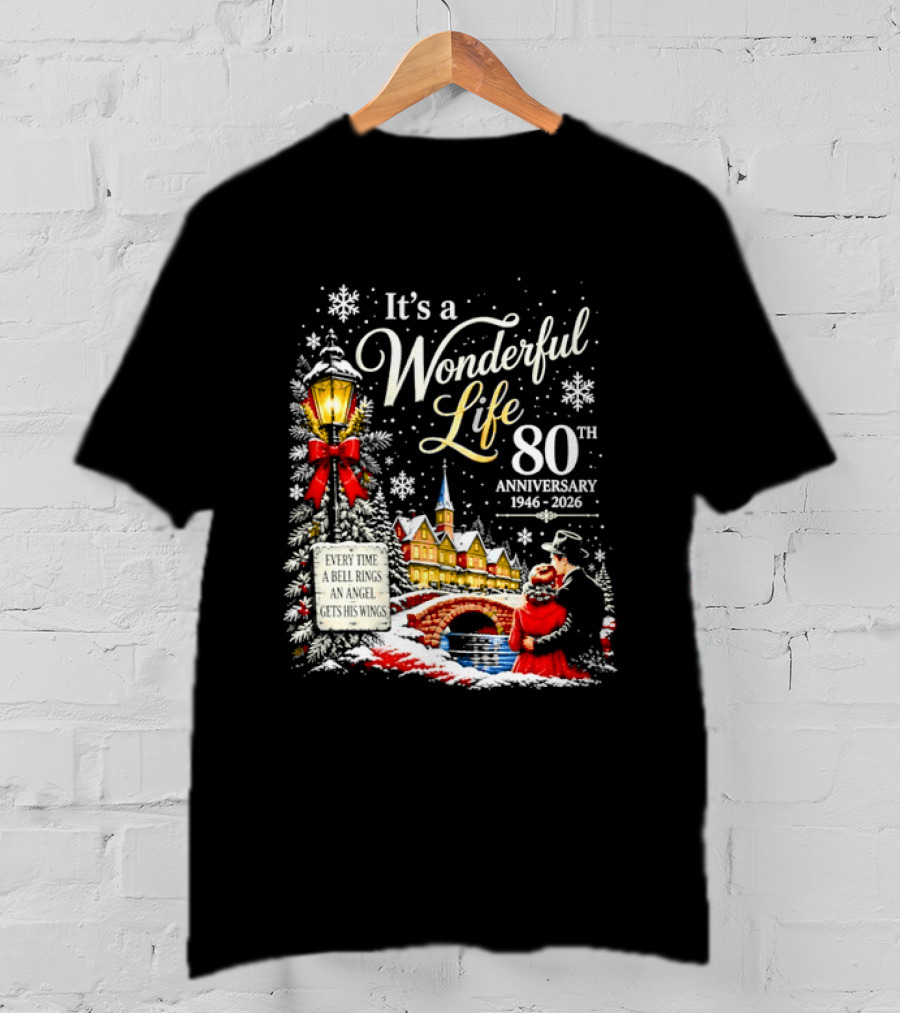 It's A Wonderful Life 80th Anniversary 1946 2026 Christmas Village Scene Snowflakes Lantern T-Shirt