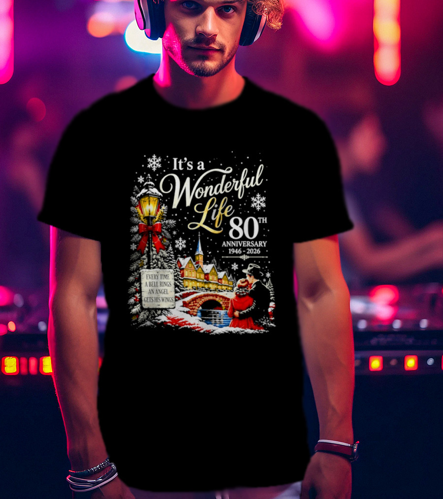 It's A Wonderful Life 80th Anniversary 1946 2026 Christmas Village Scene Snowflakes Lantern T-Shirt