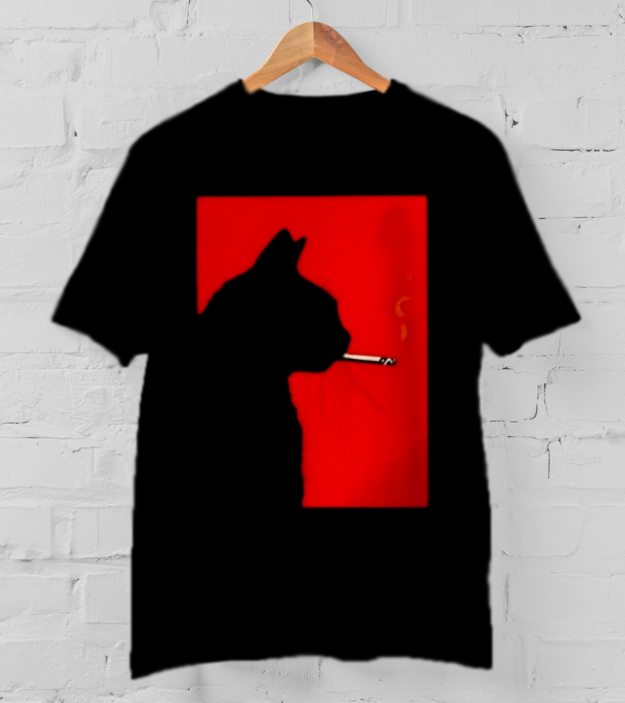 Black Cat Silhouette With Cigarette On Red T-Shirt