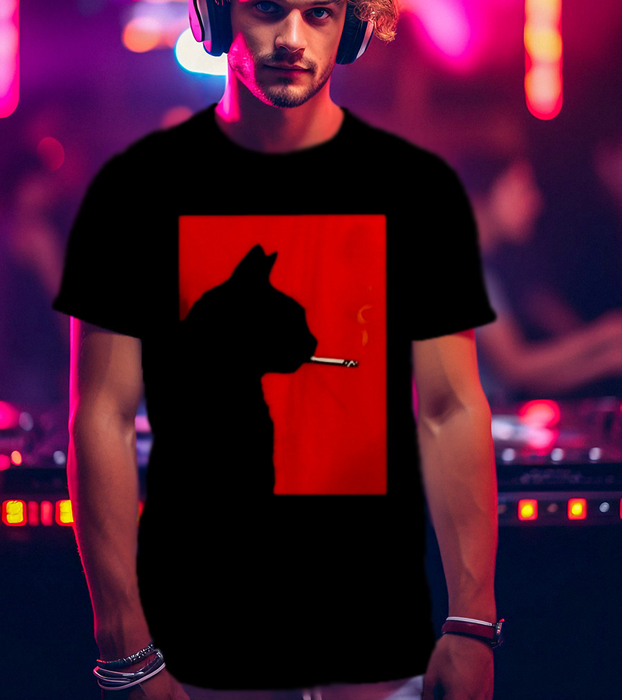 Black Cat Silhouette With Cigarette On Red T-Shirt