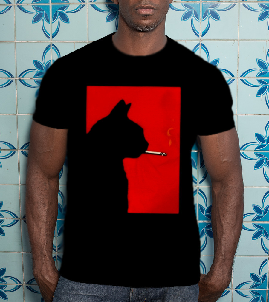 Black Cat Silhouette With Cigarette On Red T-Shirt