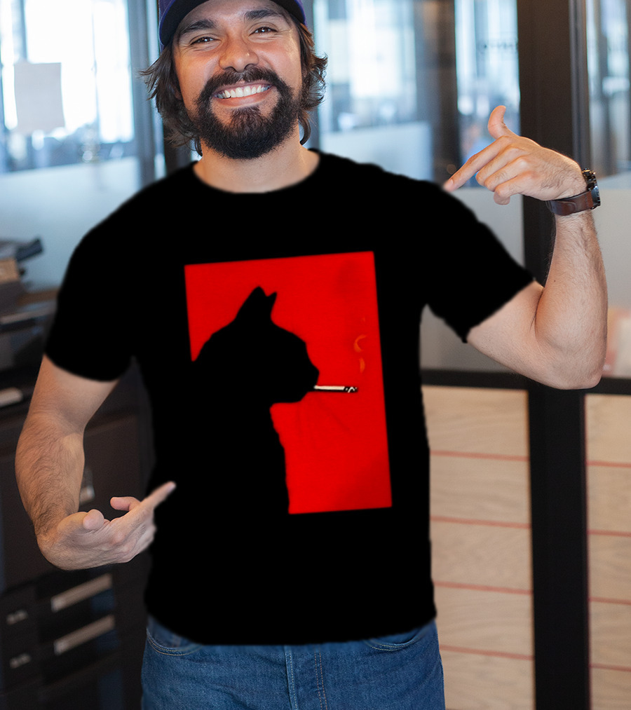 Black Cat Silhouette With Cigarette On Red T-Shirt