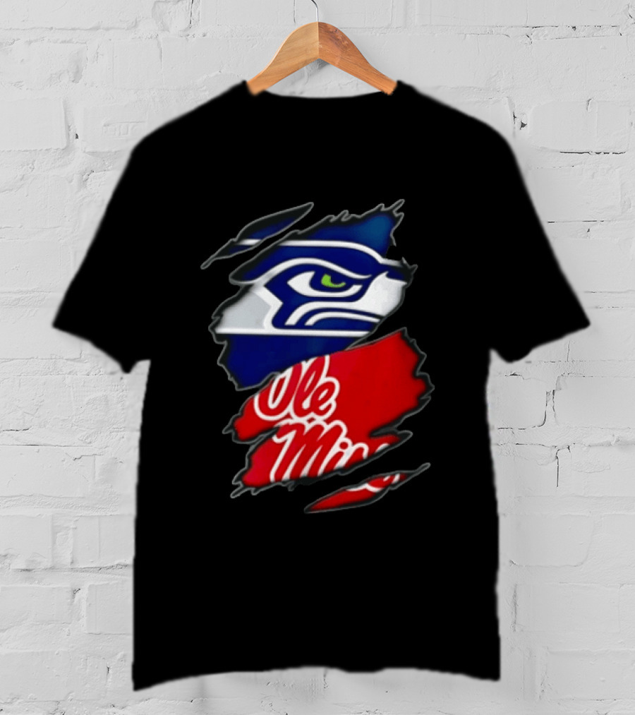Seattle Seahawks Ole Miss Rebels Ripped Fabric Reveal T-Shirt
