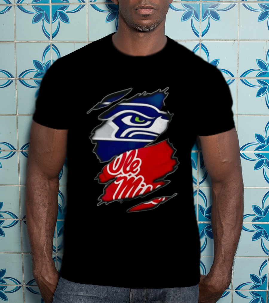 Seattle Seahawks Ole Miss Rebels Ripped Fabric Reveal T-Shirt