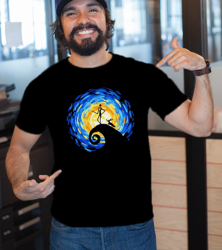 Jack Skellington Zero Halloween Starry Night Scene Inspired By Van Gogh T-Shirt