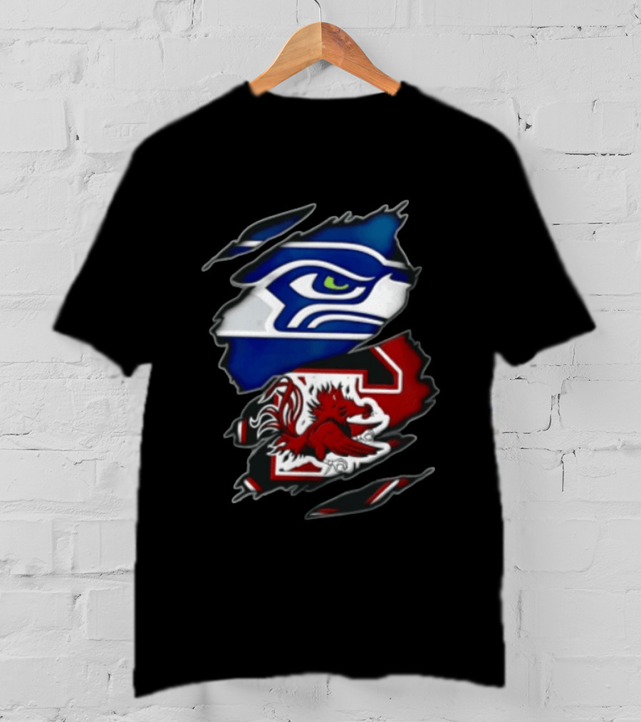 Seattle Seahawks South Carolina Gamecocks Torn Fabric Reveal Team Logos T-Shirt