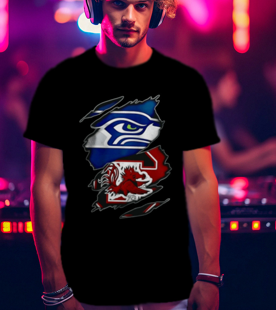 Seattle Seahawks South Carolina Gamecocks Torn Fabric Reveal Team Logos T-Shirt