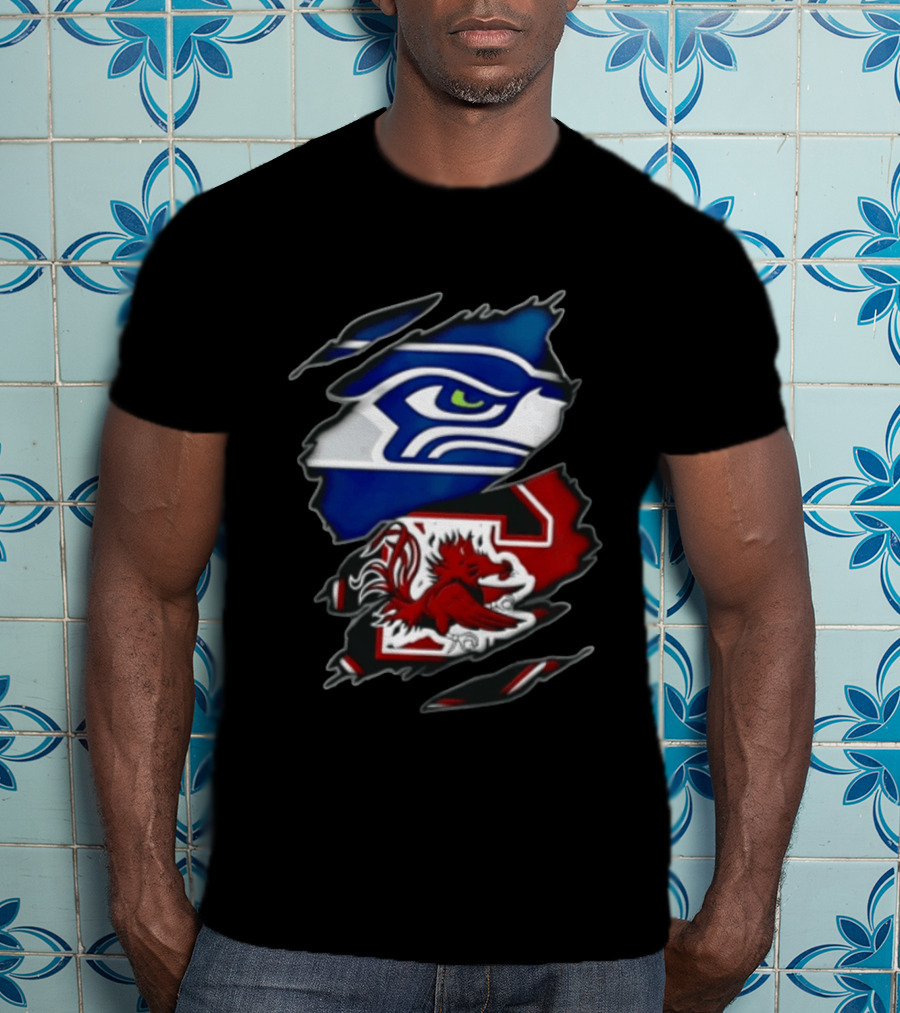 Seattle Seahawks South Carolina Gamecocks Torn Fabric Reveal Team Logos T-Shirt