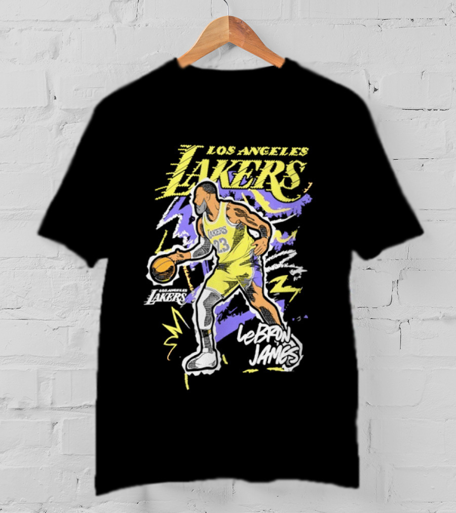 LeBron James Los Angeles Lakers 23 NBA Basketball Player Sketch Yellow Purple T-Shirt