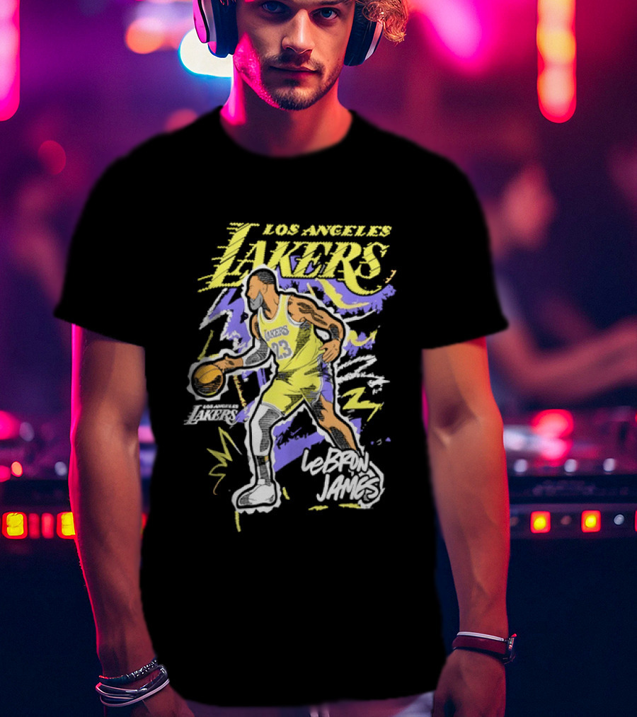 LeBron James Los Angeles Lakers 23 NBA Basketball Player Sketch Yellow Purple T-Shirt
