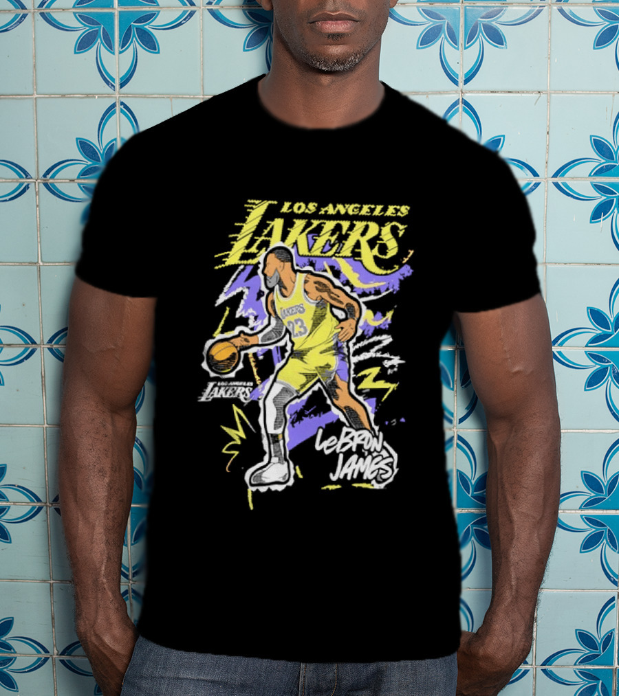 LeBron James Los Angeles Lakers 23 NBA Basketball Player Sketch Yellow Purple T-Shirt
