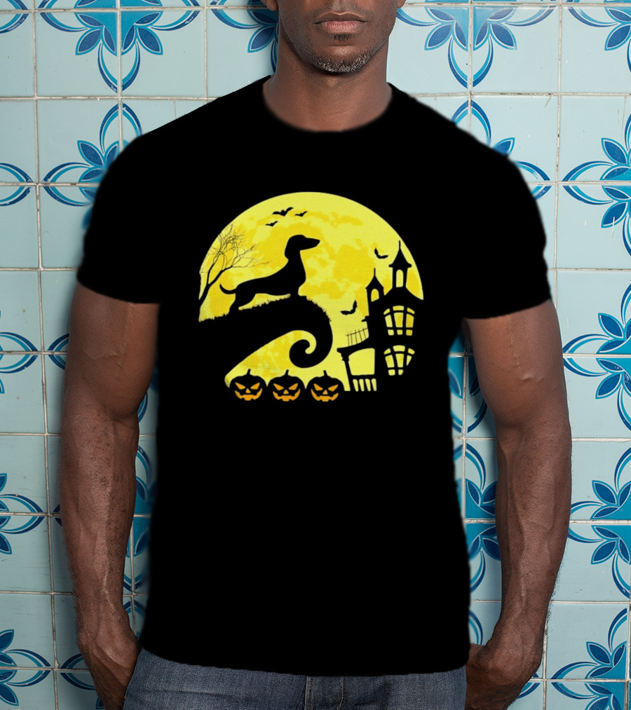 Dachshund Halloween Moon Spooky Night With Pumpkins T-Shirt