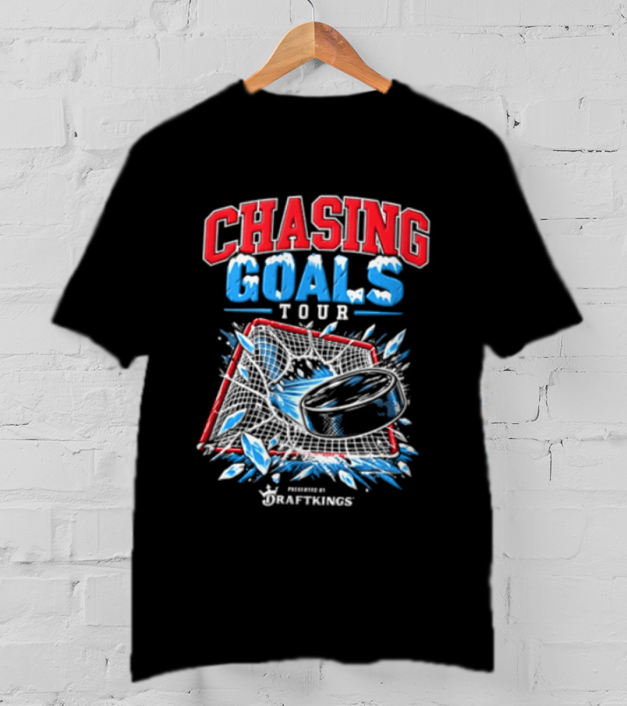 DraftKings Chasing Goals Tour Hockey Puck Crashing Into Net T-Shirt