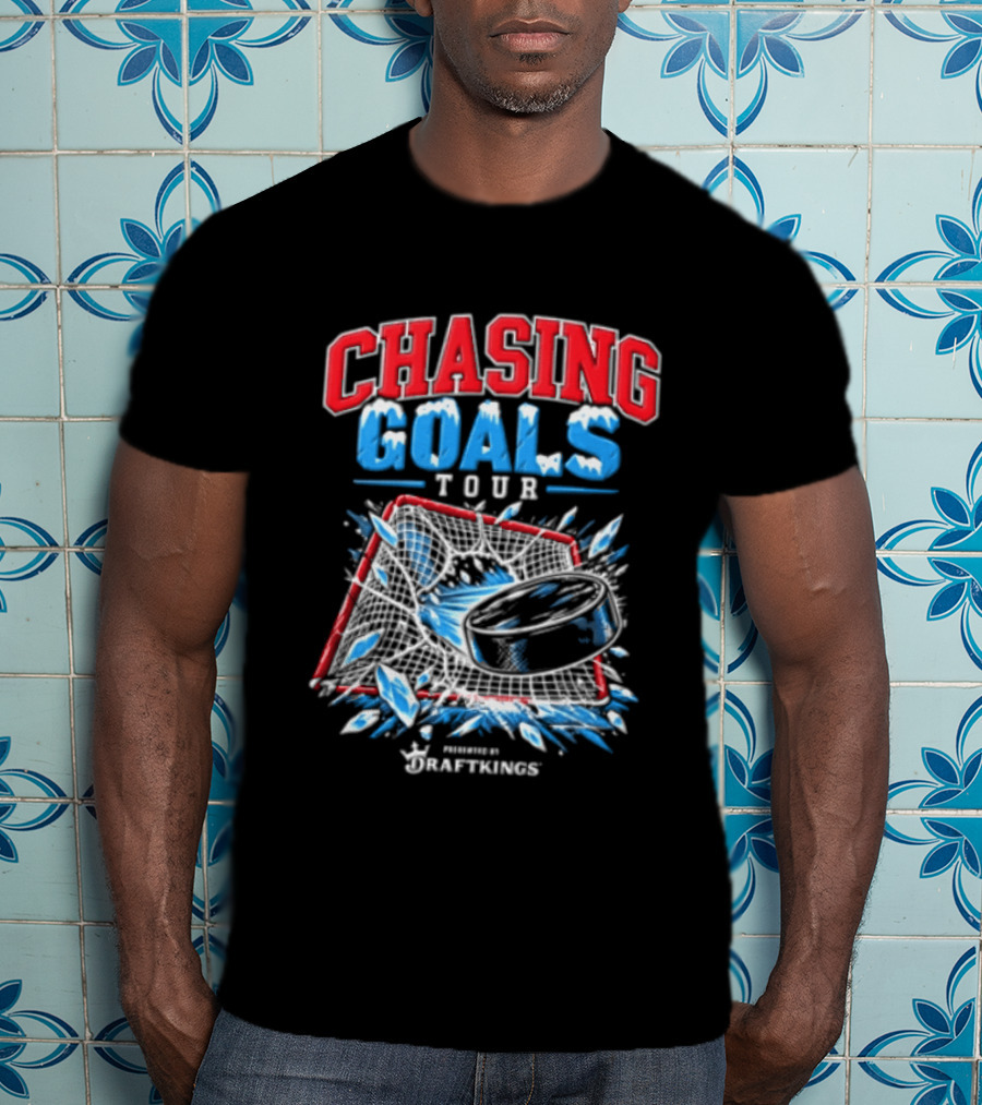 DraftKings Chasing Goals Tour Hockey Puck Crashing Into Net T-Shirt
