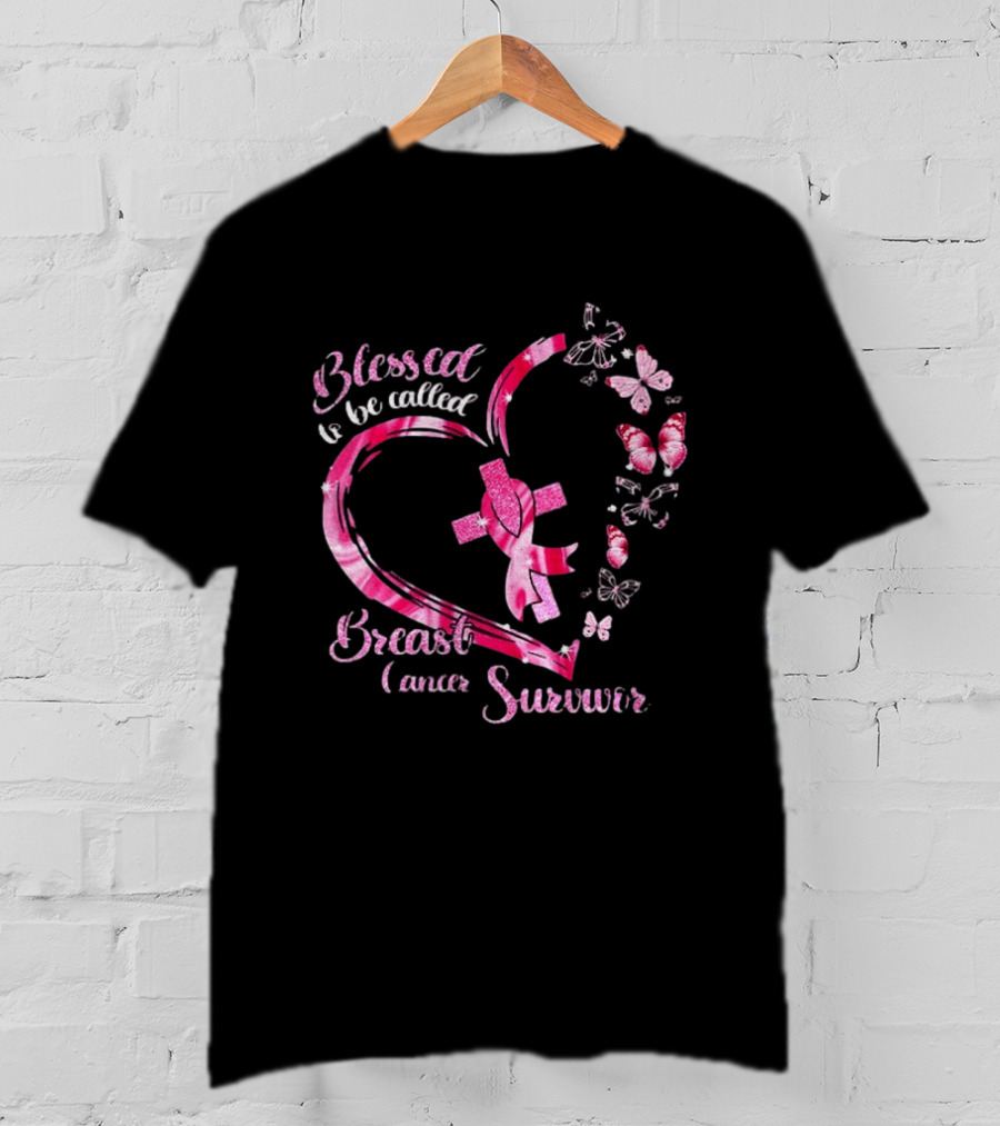 Blessed To Be Called Breast Cancer Survivor Pink Butterfly Ribbon Heart T-Shirt
