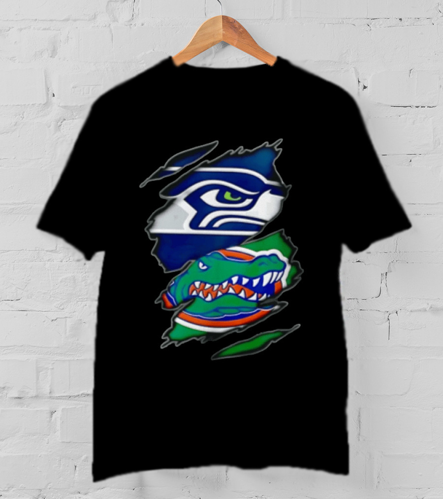 Seattle Seahawks Florida Gators Ripped Fabric Effect Sports Logos T-Shirt