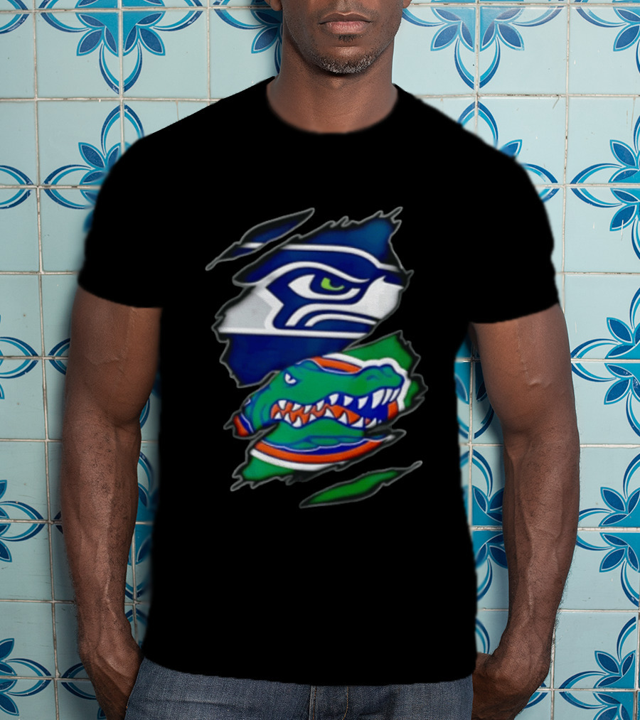 Seattle Seahawks Florida Gators Ripped Fabric Effect Sports Logos T-Shirt