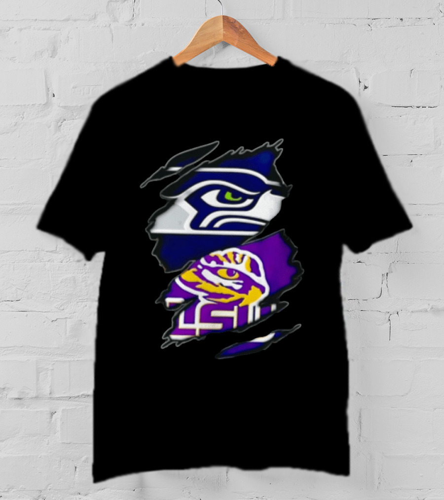 Seattle Seahawks Louisiana State University Ripped Fabric Reveal Seahawks Tiger Eye T-Shirt