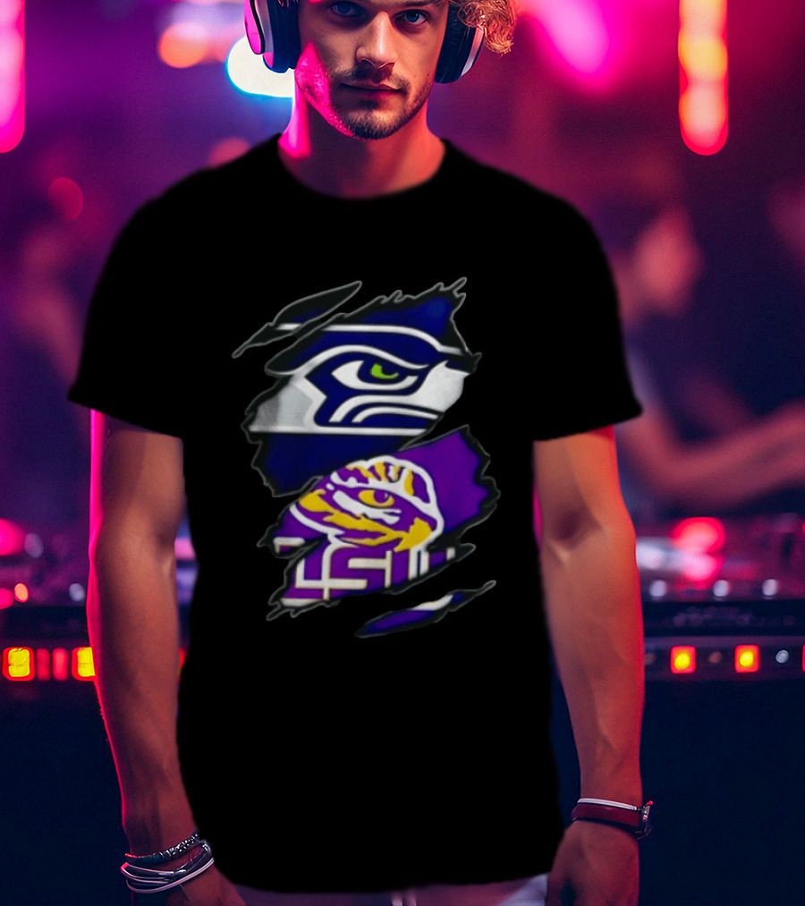 Seattle Seahawks Louisiana State University Ripped Fabric Reveal Seahawks Tiger Eye T-Shirt