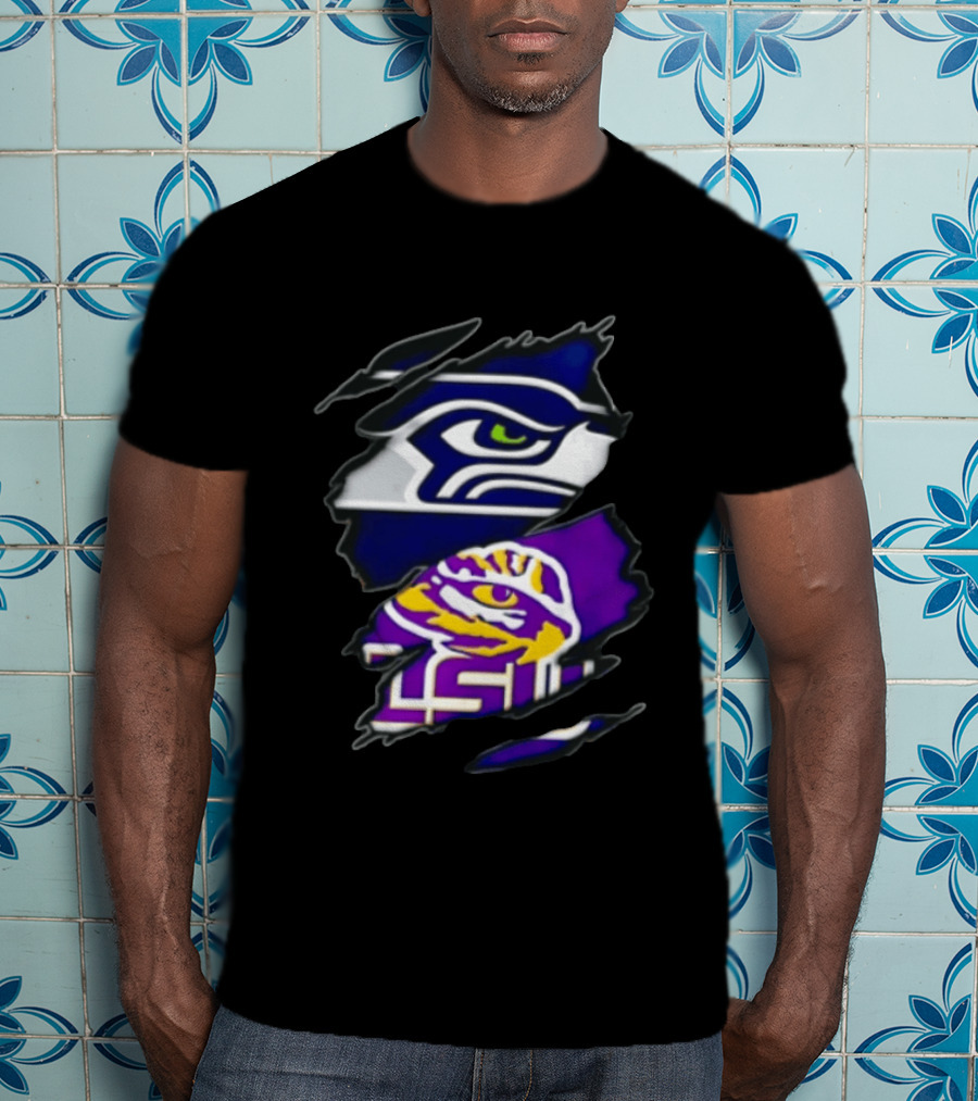 Seattle Seahawks Louisiana State University Ripped Fabric Reveal Seahawks Tiger Eye T-Shirt