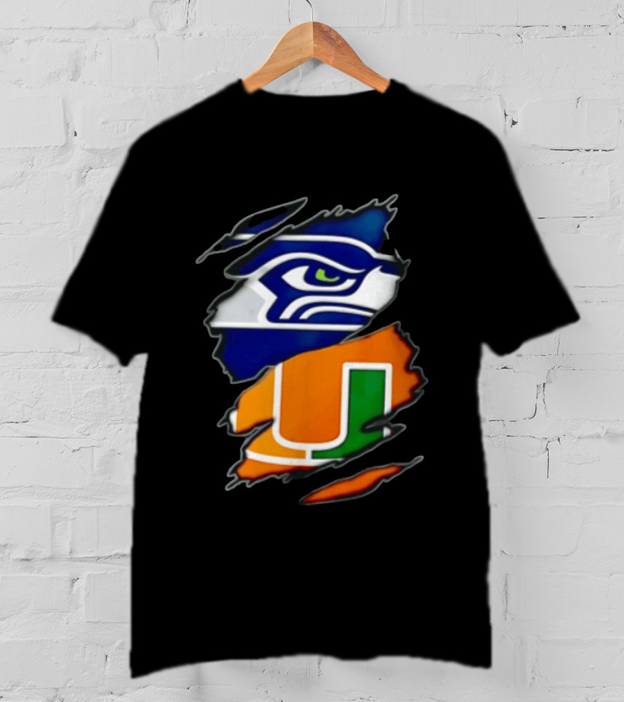 Seattle Seahawks Miami Hurricanes Torn Fabric Reveal Team Logos T-Shirt