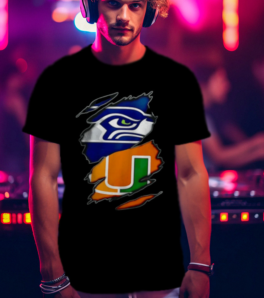 Seattle Seahawks Miami Hurricanes Torn Fabric Reveal Team Logos T-Shirt
