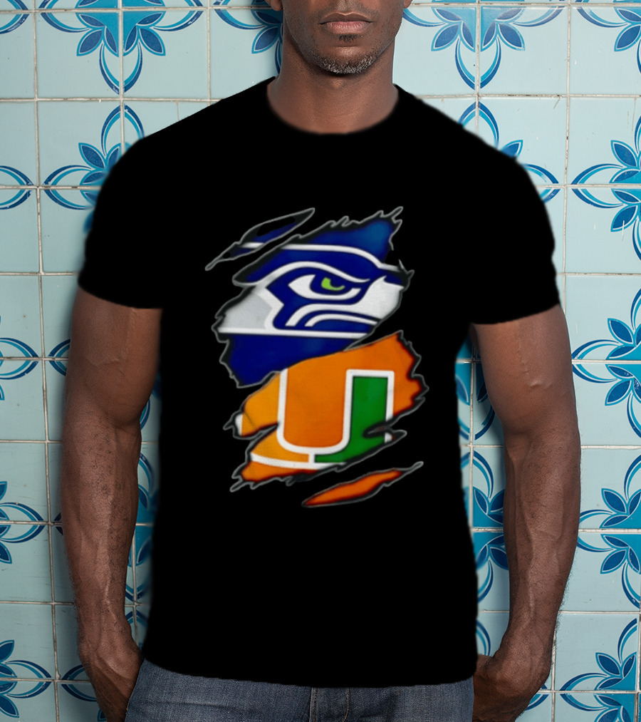 Seattle Seahawks Miami Hurricanes Torn Fabric Reveal Team Logos T-Shirt
