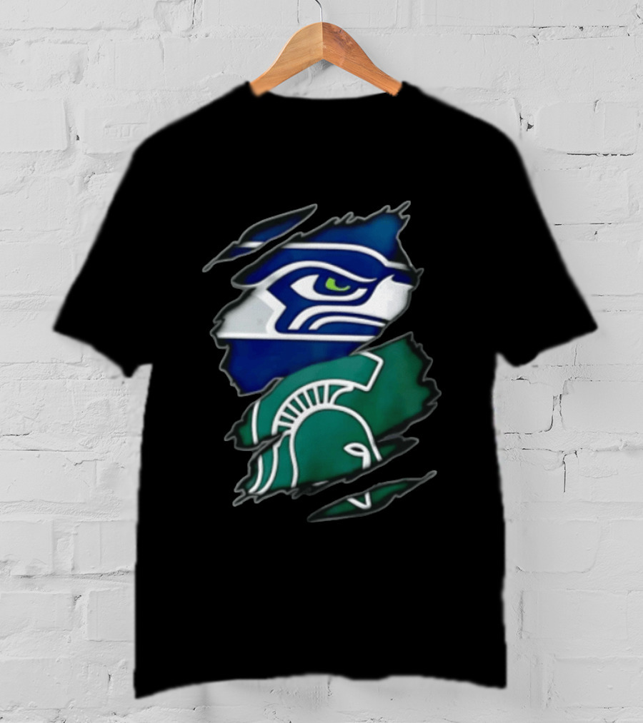 Seattle Seahawks Michigan State Spartans Torn Fabric Reveal Sports Logos T-Shirt