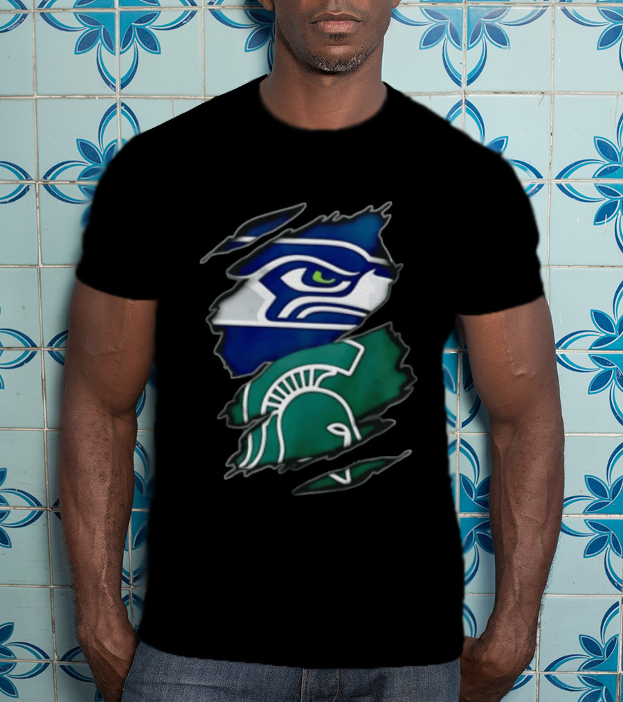 Seattle Seahawks Michigan State Spartans Torn Fabric Reveal Sports Logos T-Shirt