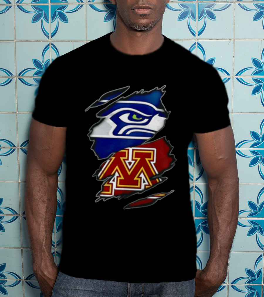 Seattle Seahawks Minnesota Golden Gophers Torn Fabric Reveal Team Emblems T-Shirt