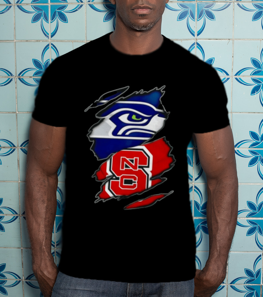 Seattle Seahawks North Carolina State Wolfpack Torn Fabric NFL NCAA Team T-Shirt