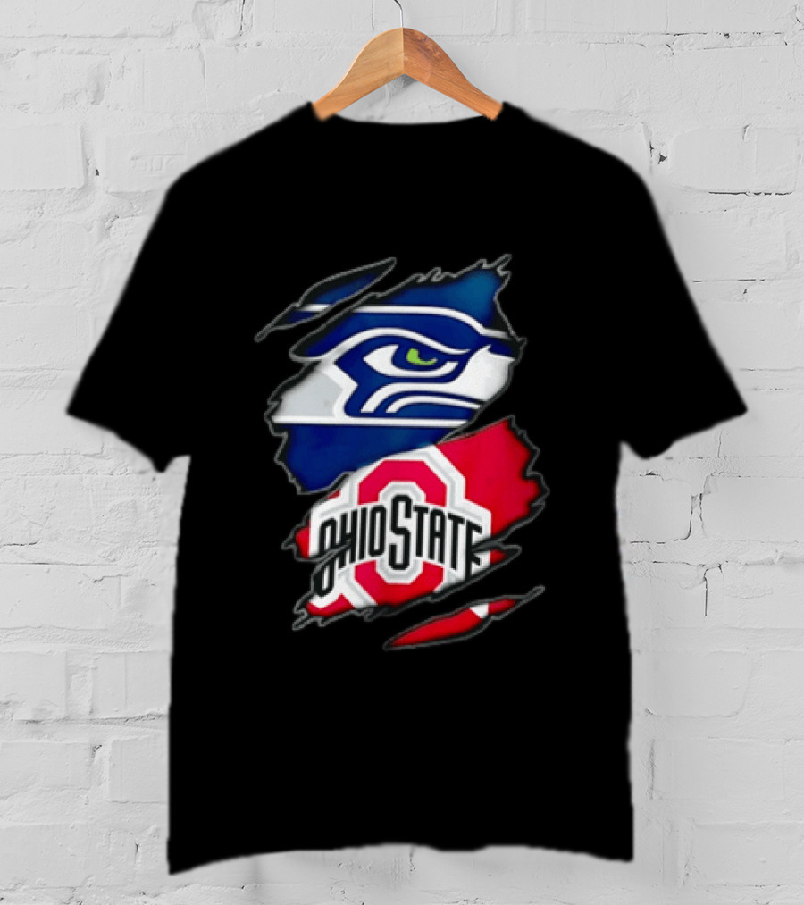 Seattle Seahawks Ohio State Buckeyes Torn Fabric Effect Team Logos T-Shirt