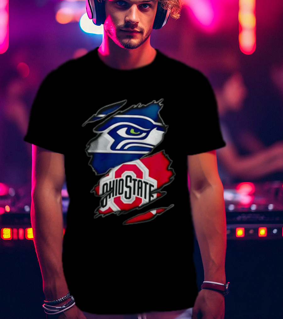Seattle Seahawks Ohio State Buckeyes Torn Fabric Effect Team Logos T-Shirt