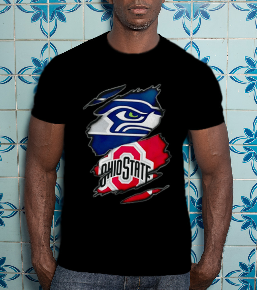 Seattle Seahawks Ohio State Buckeyes Torn Fabric Effect Team Logos T-Shirt