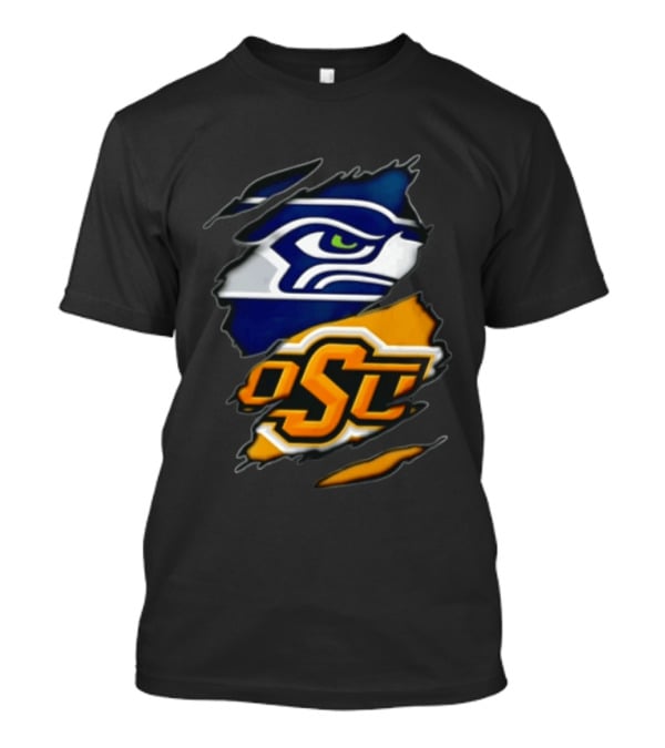 Seattle Seahawks Oklahoma State Cowboys Torn Fabric Reveal Sports T-Shirt
