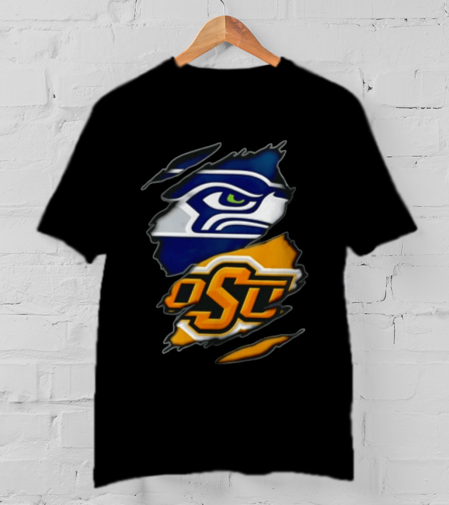 Seattle Seahawks Oklahoma State Cowboys Torn Fabric Reveal Sports T-Shirt