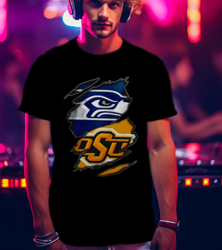 Seattle Seahawks Oklahoma State Cowboys Torn Fabric Reveal Sports T-Shirt