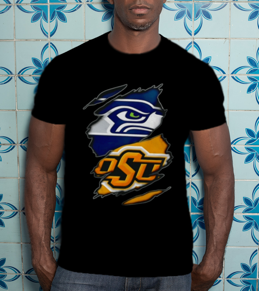 Seattle Seahawks Oklahoma State Cowboys Torn Fabric Reveal Sports T-Shirt