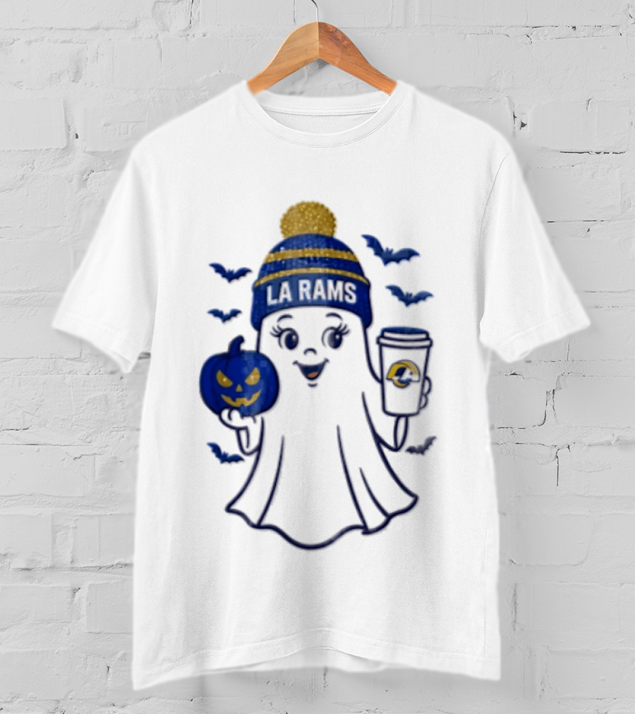 Los Angeles Rams Beanie Ghost Holding Pumpkin And Coffee Halloween T-Shirt