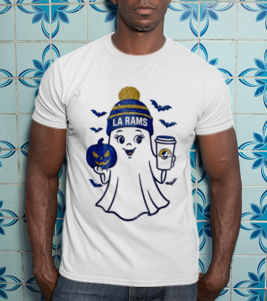 Los Angeles Rams Beanie Ghost Holding Pumpkin And Coffee Halloween T-Shirt