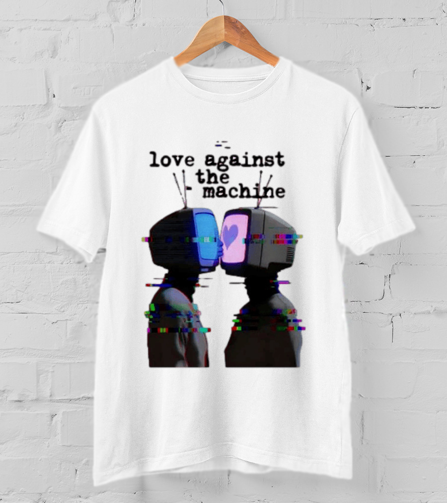 Love Against The Machine Two Television Heads Kissing Glitch Heart T-Shirt