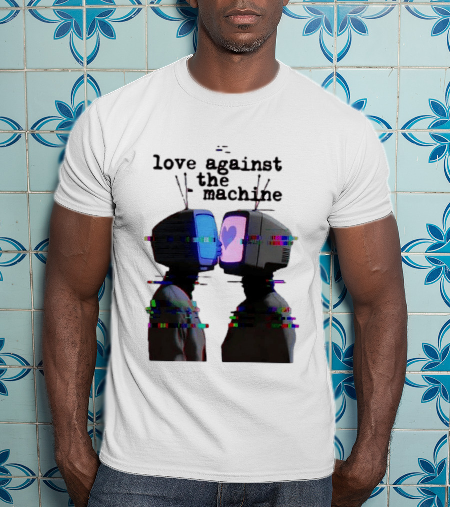 Love Against The Machine Two Television Heads Kissing Glitch Heart T-Shirt