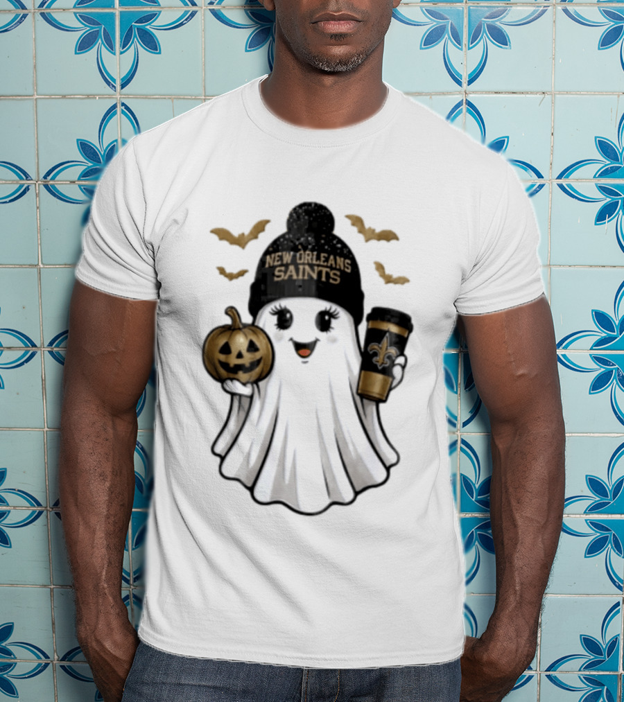New Orleans Saints Ghost Beanie Pumpkin Coffee Halloween T-Shirt