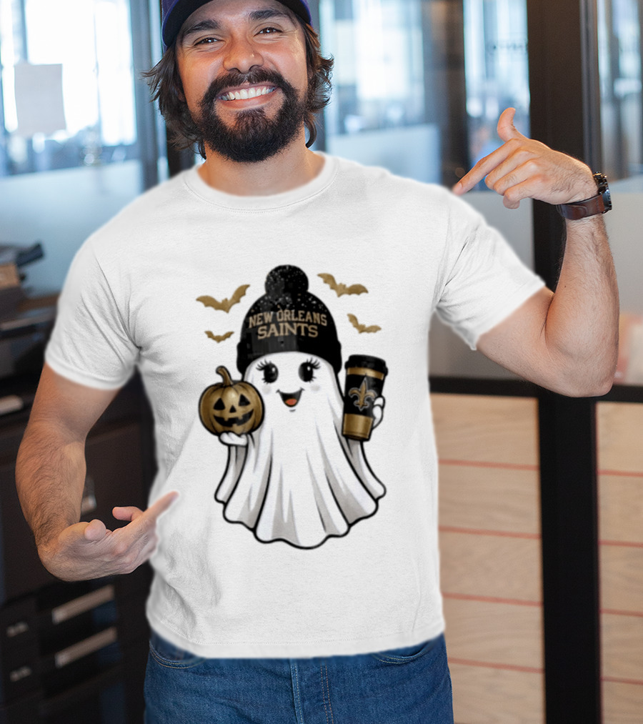 New Orleans Saints Ghost Beanie Pumpkin Coffee Halloween T-Shirt