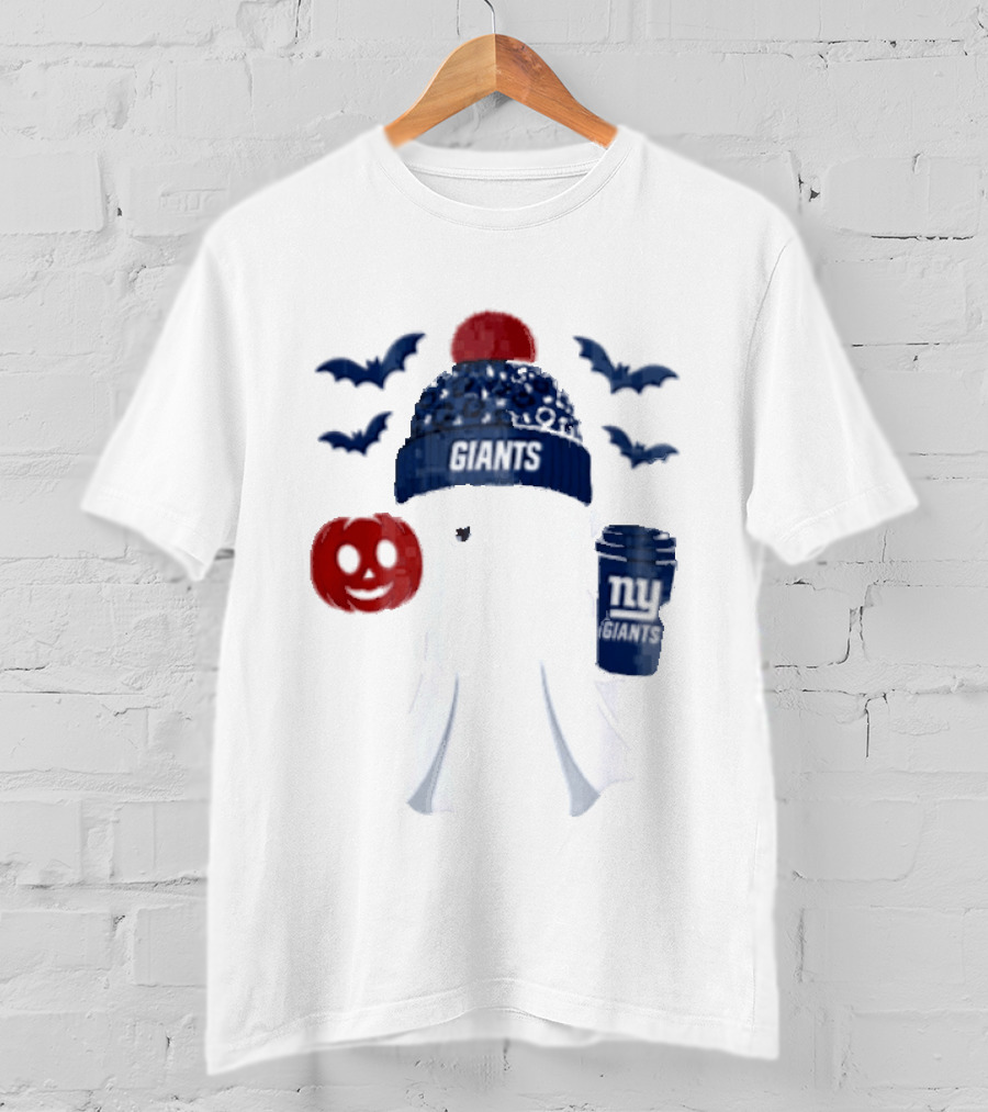New York Giants Ghost Halloween Beanie With Pumpkin Coffee And Bats T-Shirt