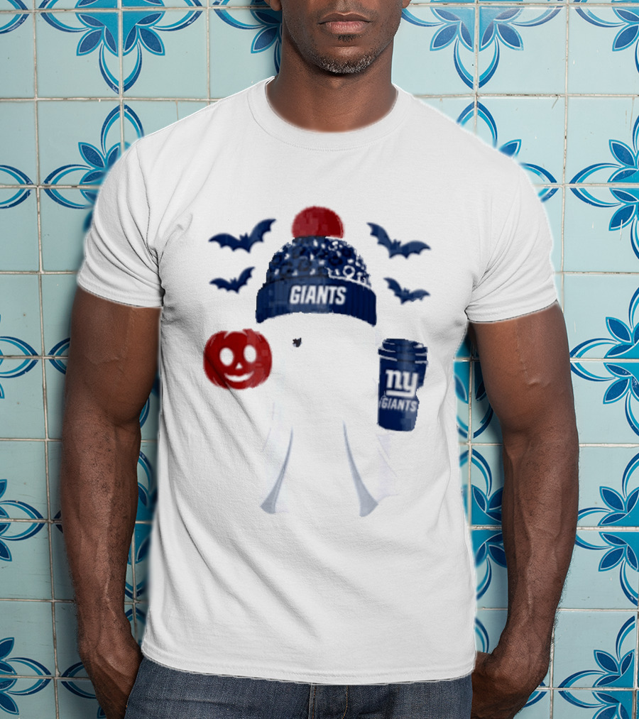 New York Giants Ghost Halloween Beanie With Pumpkin Coffee And Bats T-Shirt
