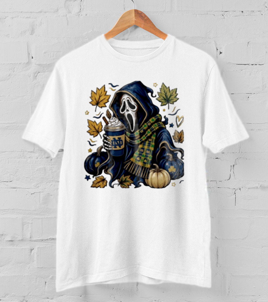 Notre Dame Ghostface Holding Coffee Autumn Leaves Pumpkins T-Shirt