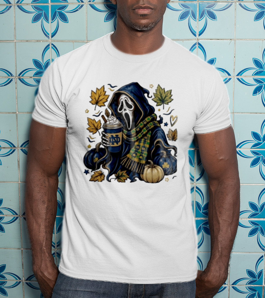 Notre Dame Ghostface Holding Coffee Autumn Leaves Pumpkins T-Shirt