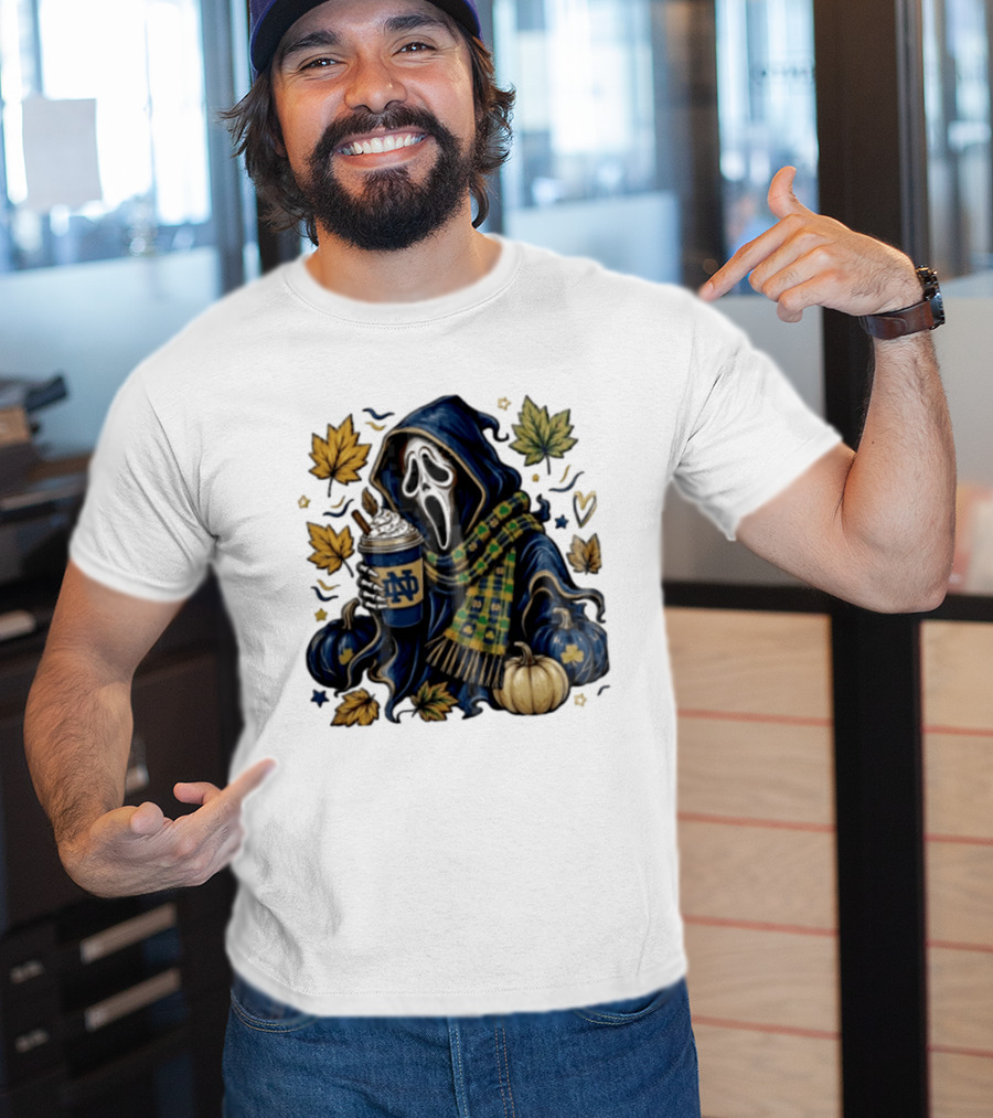Notre Dame Ghostface Holding Coffee Autumn Leaves Pumpkins T-Shirt