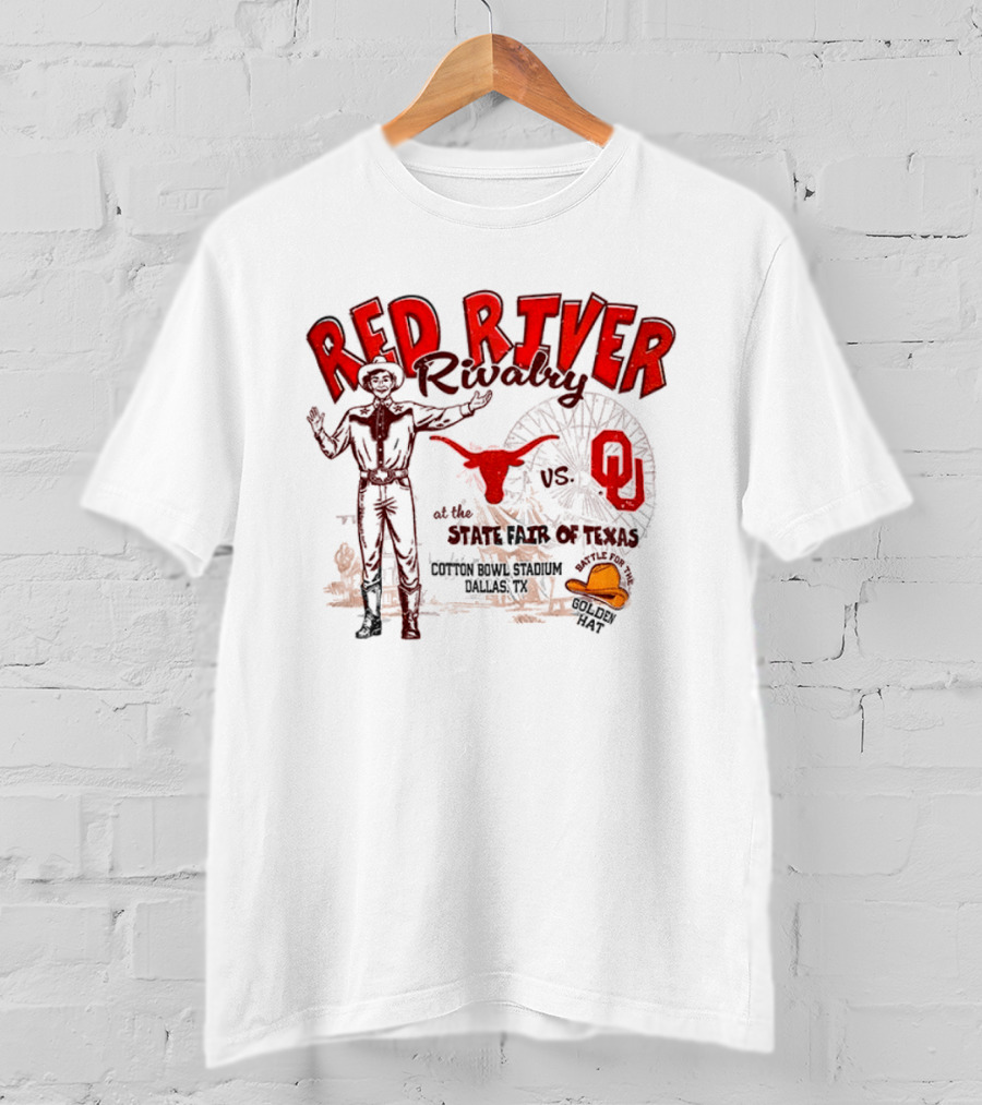 Red River Rivalry Texas Longhorns Vs Oklahoma Sooners State Fair Of Texas Vintage Cowboy Ferris Wheel Iconic Showdown T-Shirt